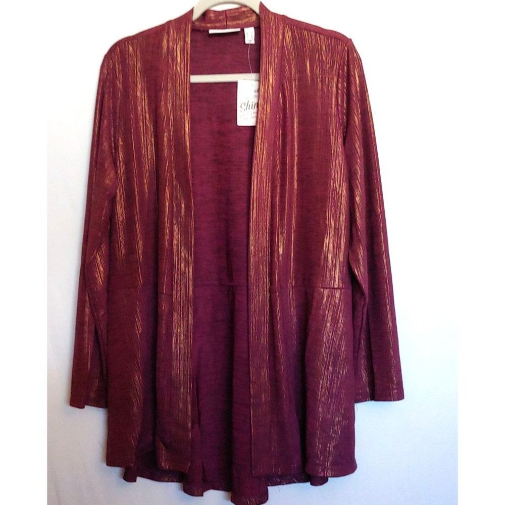 Susan Graver Semi-Sheer Maroon/Gold Long Sleeve Open Jacket Metallic L NWT